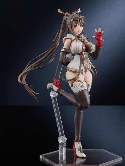 PLAMATEA MX-chan Model Kit featuring MX-chan in a black, white, and brown tactical outfit with red gloves and a large weapon case