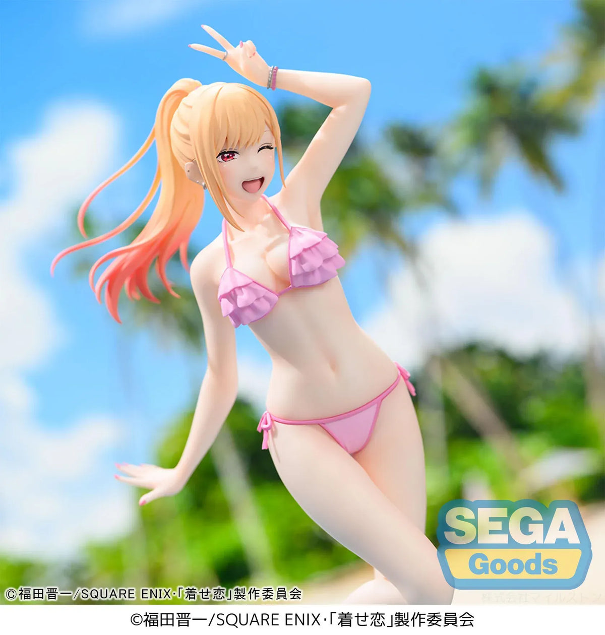 Marin Kitagawa XStellar figure wearing a pink swimsuit and posing on a translucent water-splash base.