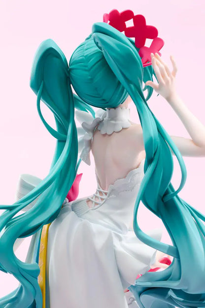 GOOD SMILE RACING G.S. Collection Racing Miku 15th Rhapsody 2010-2025 1/7 Scale Figure with white outfit, teal twin-tails, red rose, and colorful ribbons