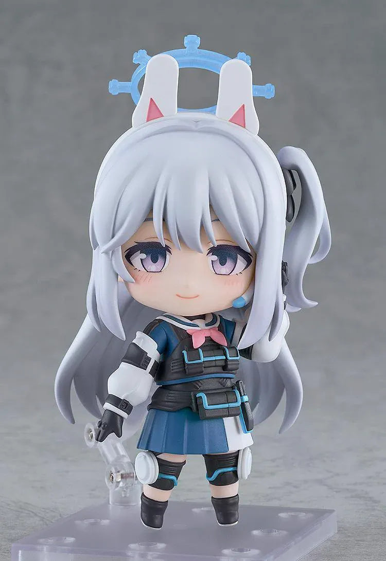 Blue Archive Nendoroid Miyako Tsukiyuki with silver hair, rabbit-ear headband, blue halo, white jacket, blue skirt, and black tactical gear.
