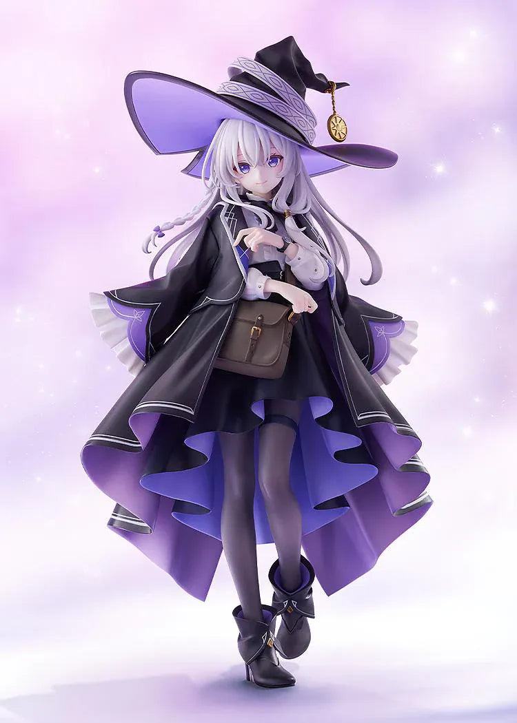 Wandering Witch The Journey of Elaina Elaina 1/7 Scale Figure with silver hair, black and purple witch outfit, wide hat, cloak, and travel bag