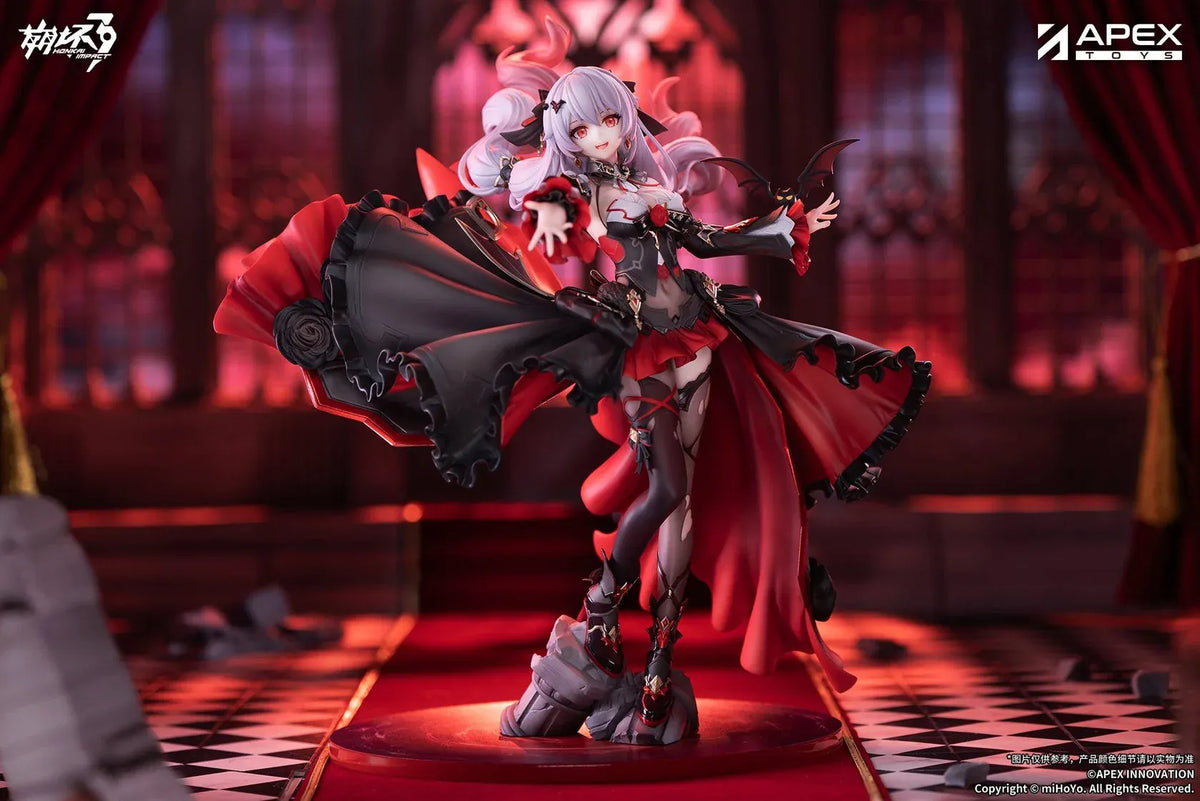 Honkai Impact 3rd Lunar Vow Crimson Love 1/7 scale figure with pale lavender hair, a black-and-red outfit, a small bat, and broken stonework.