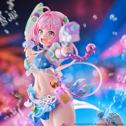 Riamu Yumemi 1/6 scale figure from The Idolmaster Cinderella Girls in pastel blue idol outfit holding water gun accessory on clear display base