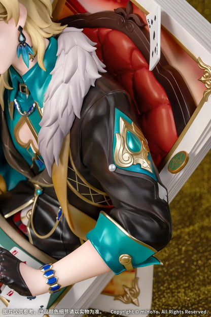 Honkai Star Rail Diorama Aventurine Inherently Unjust Destiny Ver. Non-Scale Figure featuring a blonde-haired character with purple eyes, glasses, a black and teal outfit with gold accents, and a white fur collar surrounded by playing cards, poker chips, and an ornate casino backdrop.