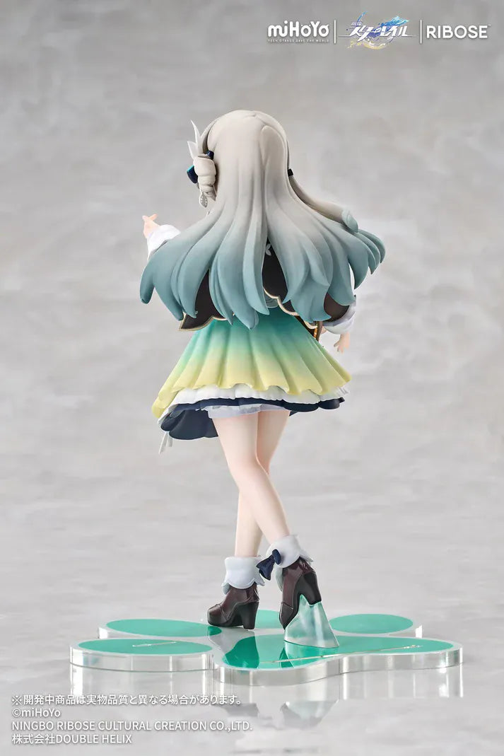 Honkai Star Rail Rise Up+ Chibi Cat Series Firefly Figure featuring Firefly in a cute chibi-style outfit with cat-themed display accents, colorful backdrop, and themed base.