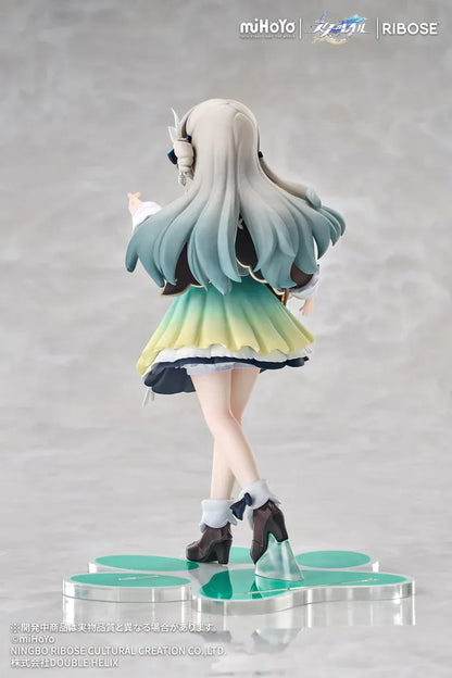 Honkai Star Rail Rise Up+ Chibi Cat Series Firefly Figure featuring Firefly in a cute chibi-style outfit with cat-themed display accents, colorful backdrop, and themed base.