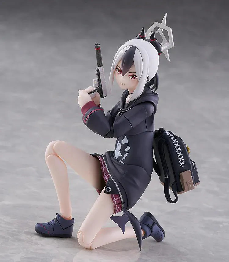 Blue Archive figma Kayoko Onikata Figure with black hoodie, plaid skirt, two-tone hair, halo detail, and tail