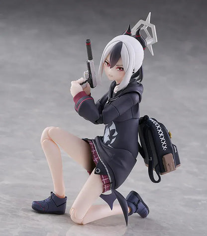 Blue Archive figma Kayoko Onikata Figure with black hoodie, plaid skirt, two-tone hair, halo detail, and tail