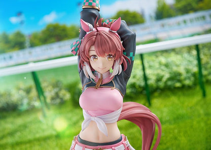Uma Musume Pretty Derby Dantsu Flame 1/7 scale figure in pink athletic outfit with dynamic stretching pose and themed base
