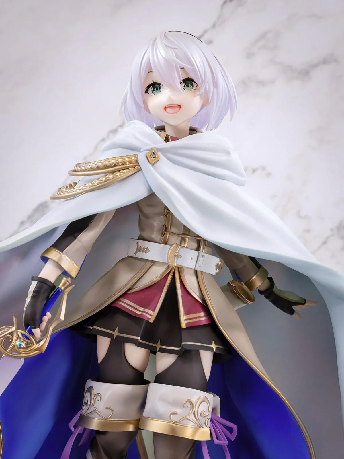 Wandering Witch The Journey of Elaina Amnesia 1/7 Scale Figure featuring Amnesia with short silver hair, white cape, sword, and stone-style display base.