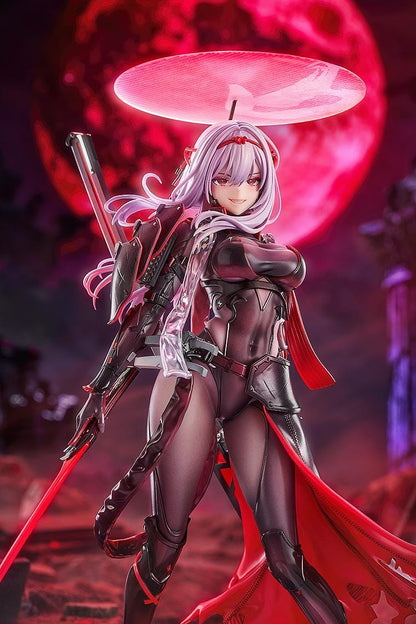 Goddess of Victory: Nikke Scarlet Black Shadow Ver 1/7 scale figure in black and red combat suit holding long blade on rocky base
