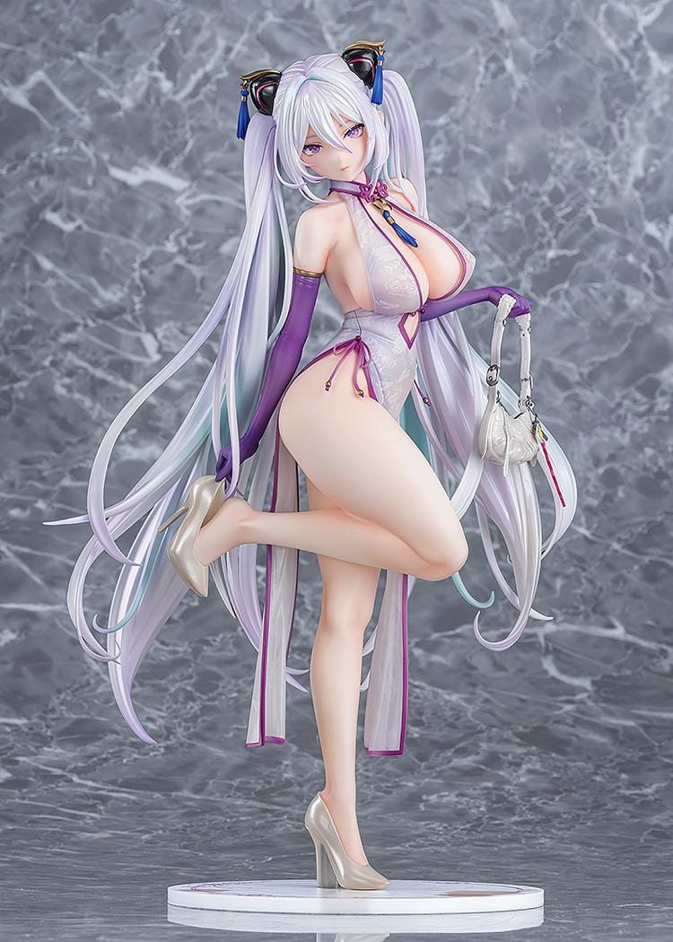 Azur Lane Kearsarge Springtime Monitoring 1/6 Scale Figure featuring long silver hair, an elegant white and purple outfit, handbag, and high heels