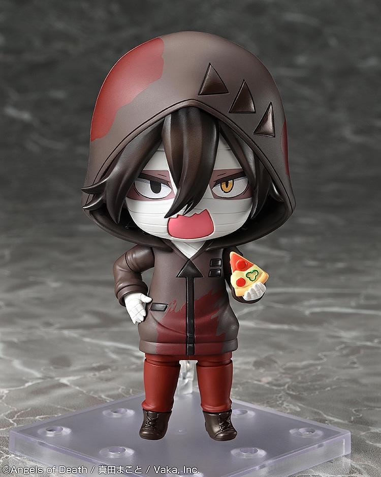Angels of Death Nendoroid Isaac Foster figure wearing a hooded outfit with bandages and holding a scythe.