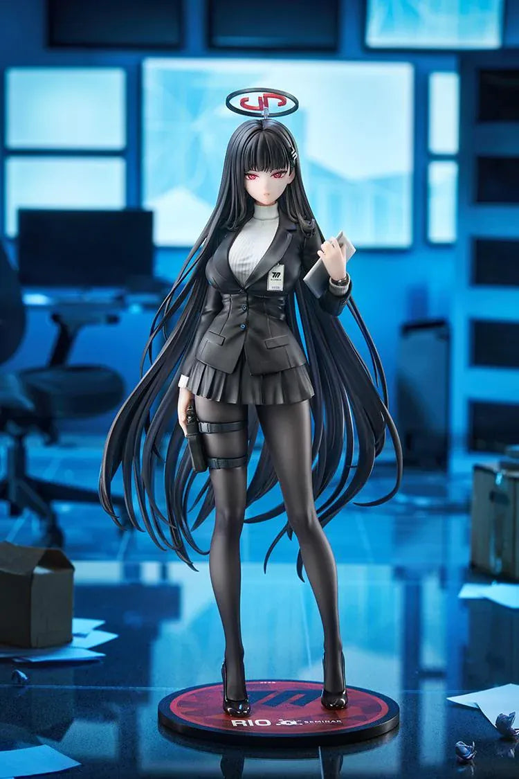 Blue Archive Rio 1/7 Scale Figure featuring Rio in her black business attire with tablet, halo, and themed display base