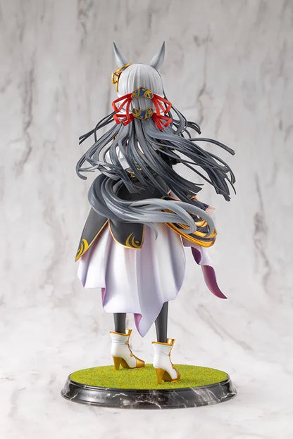 Umamusume Pretty Derby Chrono Genesis 1/7 Scale Figure featuring a silver-gray-haired horse girl with blue eyes, horse ears, and a flowing white, black, red, and gold racing outfit standing on a grassy display base.