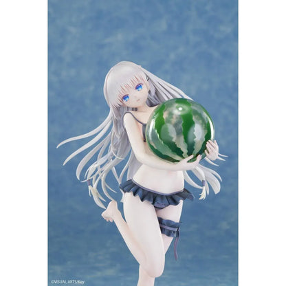 Summer Pockets REFLECTION BLUE Shiroha Naruse 1/6 scale figure wearing a black swimsuit and holding a watermelon on a beach-themed base.