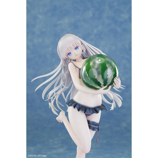 Summer Pockets REFLECTION BLUE Shiroha Naruse 1/6 scale figure wearing a black swimsuit and holding a watermelon on a beach-themed base.