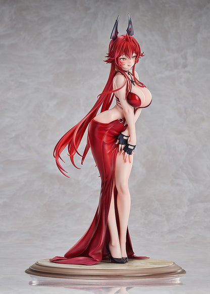 Scale figure of Red Hood from Goddess of Victory: Nikke wearing a red gown and jacket, standing on a decorative base.