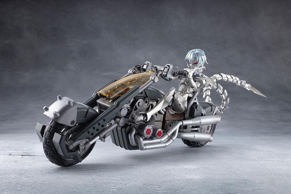 Megalomaria Unlimited Universe Wreckage Hunter model kit with white mechanical armor, a large rifle, weapon tail, and futuristic motorcycle.