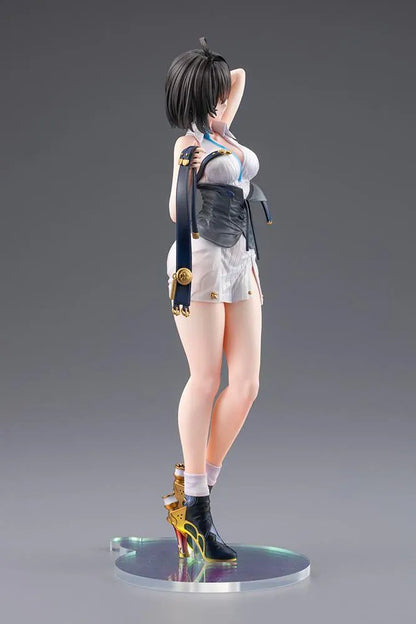 Atelier Yumia The Alchemist of Memories & the Envisioned Land Yumia Liessfeldt Sun Shower Ver. 1/7 Scale Figure featuring a short black-haired anime woman with blue eyes wearing a white outfit, black corset, and black ankle boots while holding a dark strap on a circular display base.