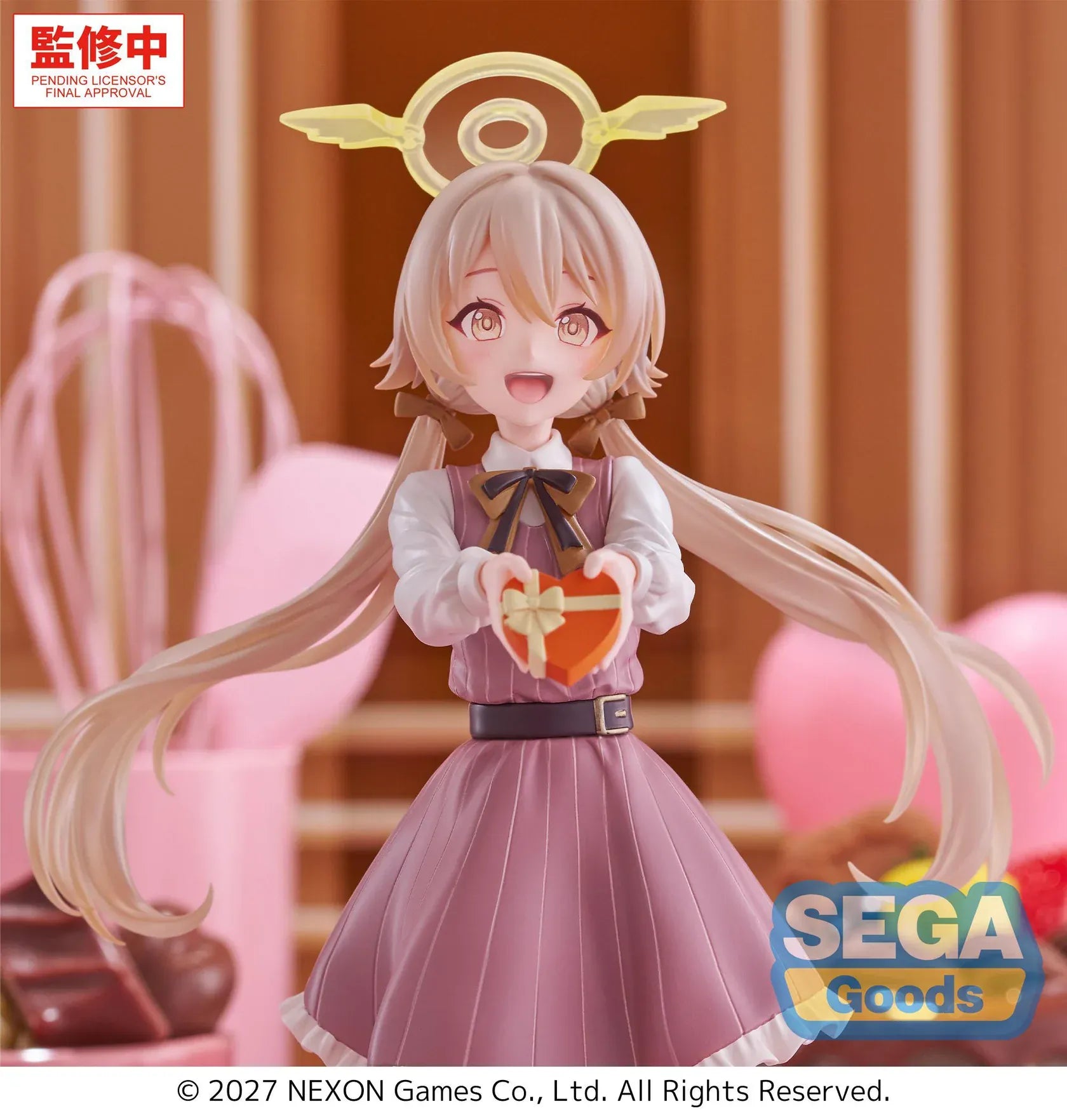 Blue Archive XStellar Hifumi Happy Valentine Figure holding a heart-shaped gift on a red heart display base