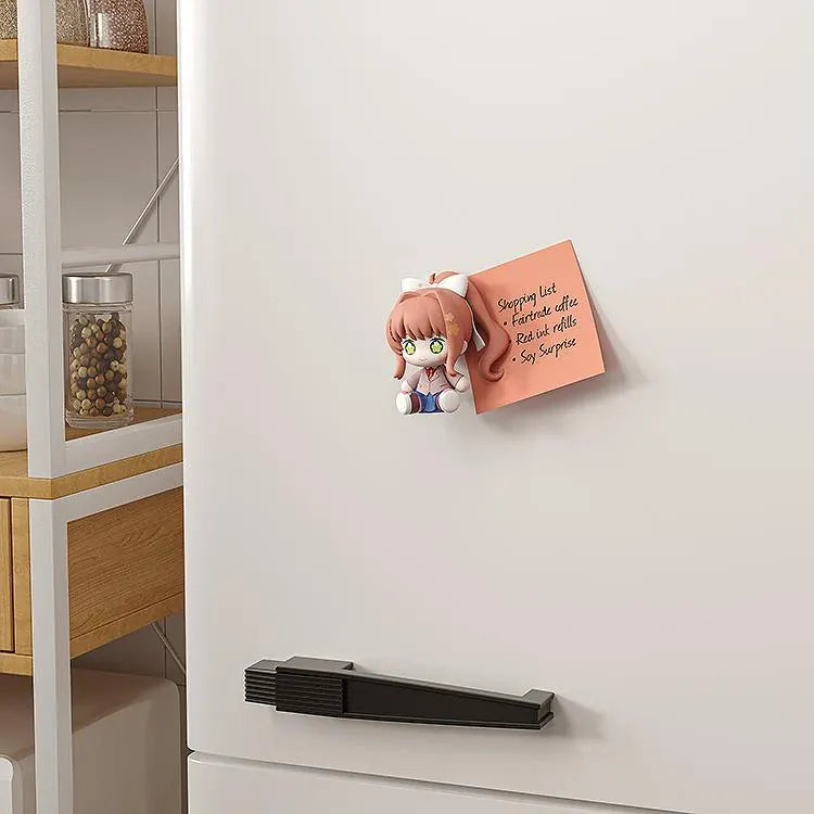 Doki Doki Literature Club! Huggy Good Smile Monika figure with green flower-filled eyes, a white hair bow, and a school uniform in a seated pose.