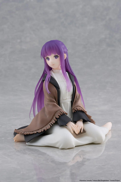Frieren Beyond Journey's End Desktop Cute Fern Figure with purple hair wearing a shawl and white dress in a seated pose