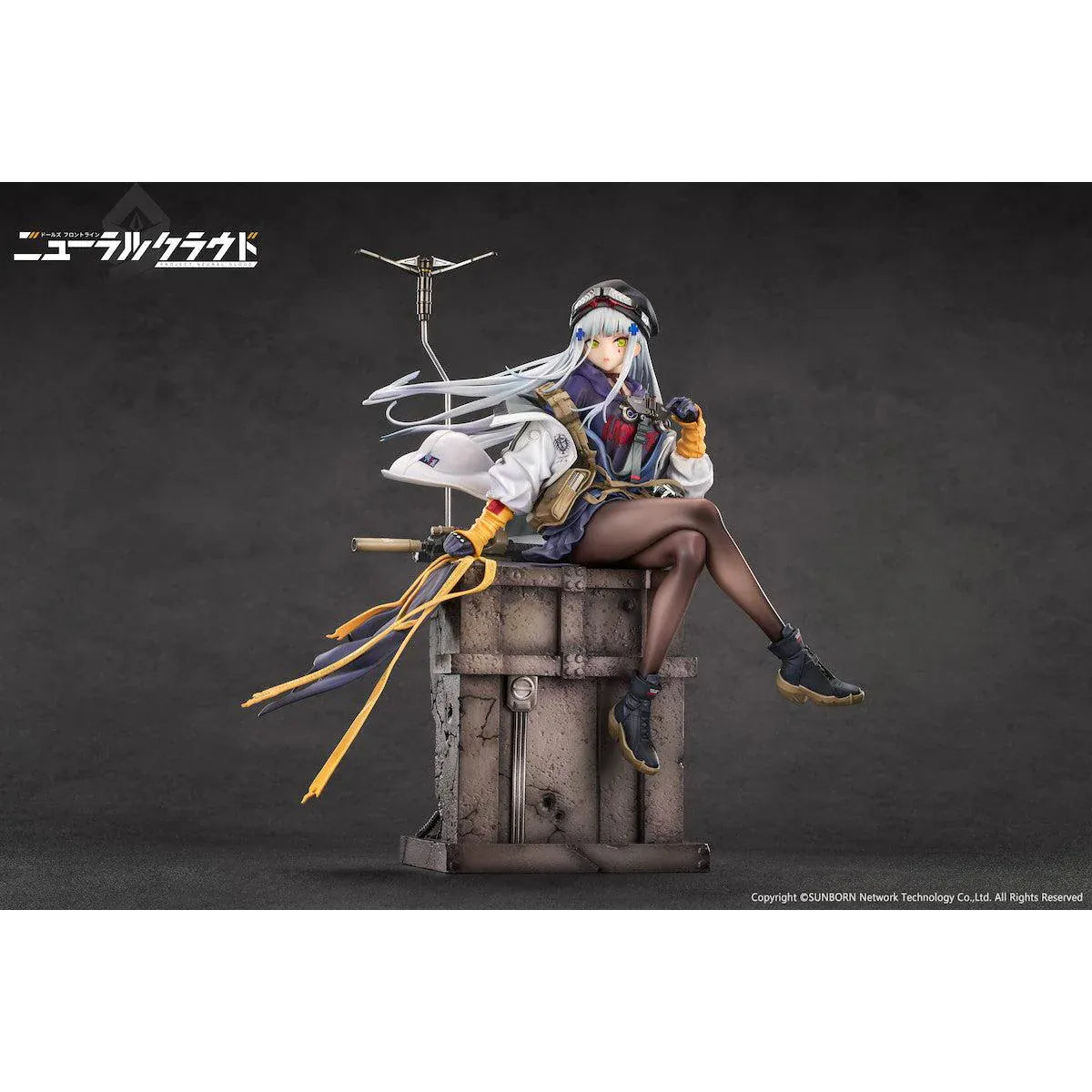 Girls' Frontline Neural Cloud Klukai 1/7 Scale Figure with long silver hair, military-inspired outfit, weapon accessories, seated pose, crate-style base, and bonus item
