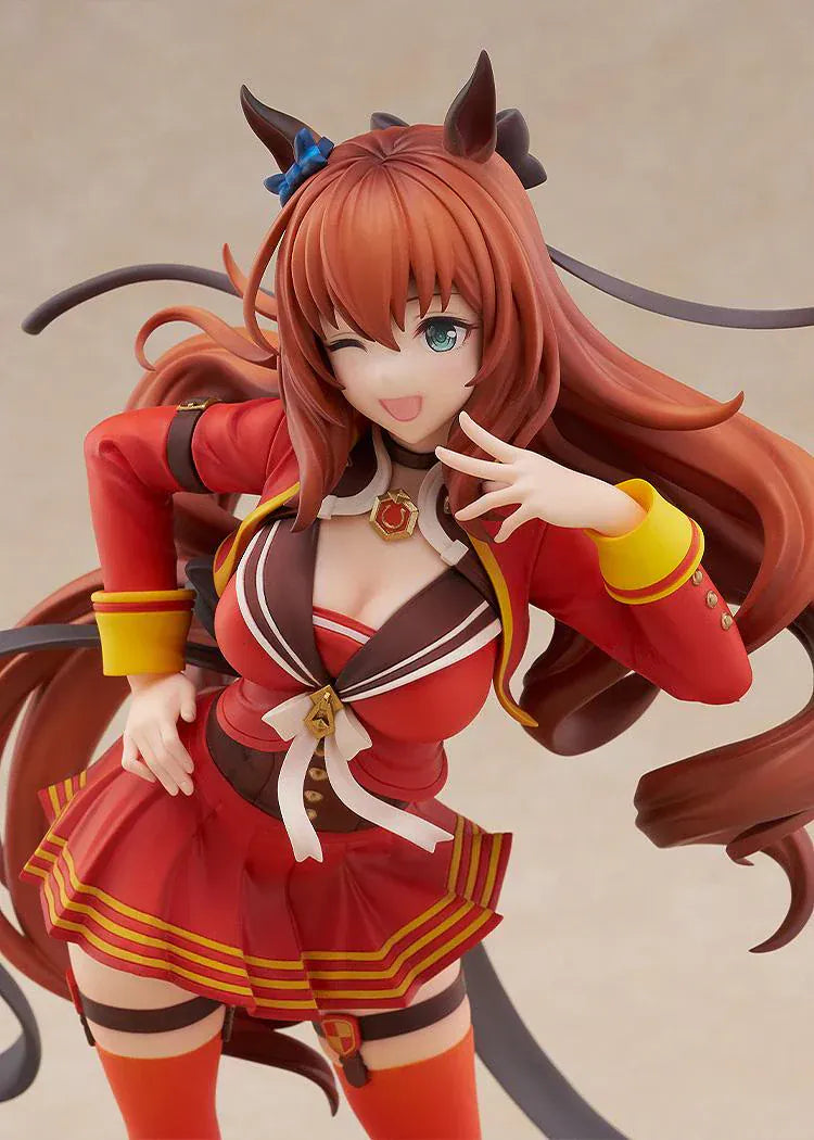 1/7 scale Uma Musume: Pretty Derby Maruzensky Signature Racewear Ver. figure, winking and posing in a red race uniform with long flowing brown hair and decorative horseshoe base.