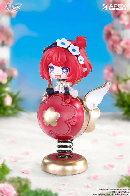 Honkai Star Rail Tribbie Chibi Chara Yurayura Stand Non-Scale Figure with red hair, flower details, red-and-gold spring base, and chibi design