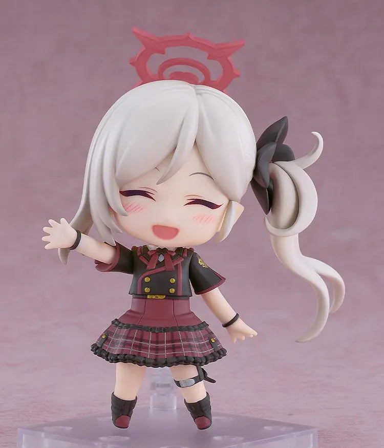 Blue Archive Nendoroid Mutsuki Asagi Figure with silver hair, pink halo, Gehenna Academy uniform, weapon, and black bag