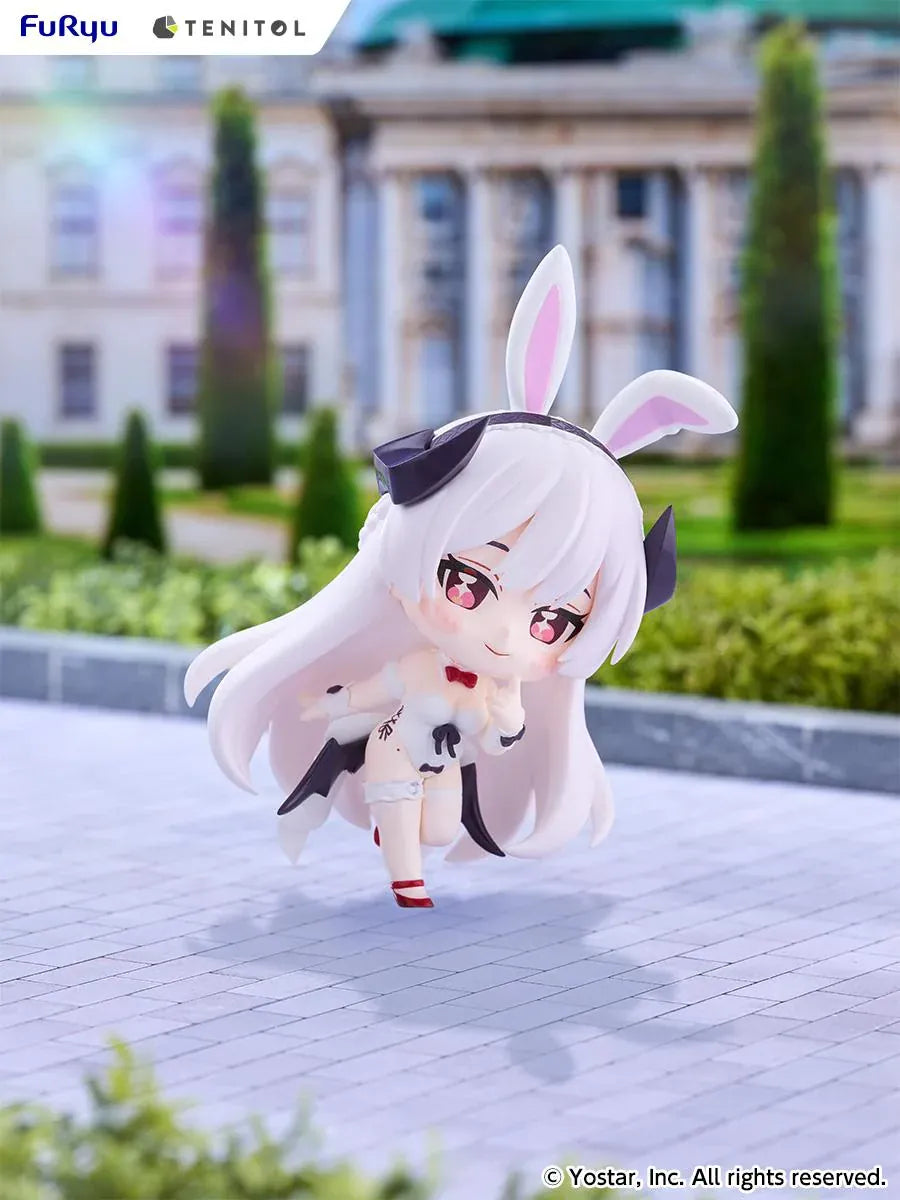 Stella Sora TENITOL Mini Virigia Bunny Figure by FuRyu featuring a white-haired anime girl with pink eyes, oversized bunny ears, a white bunny outfit with black accents, red bow tie, and matching shoes in a playful pose.
