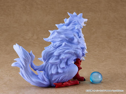 Pop Up Parade Swacchao Fel & Sui figure from Campfire Cooking in Another World with My Absurd Skill, featuring a large purple wolf sitting with tiny blue slime Sui and two wooden bowls.