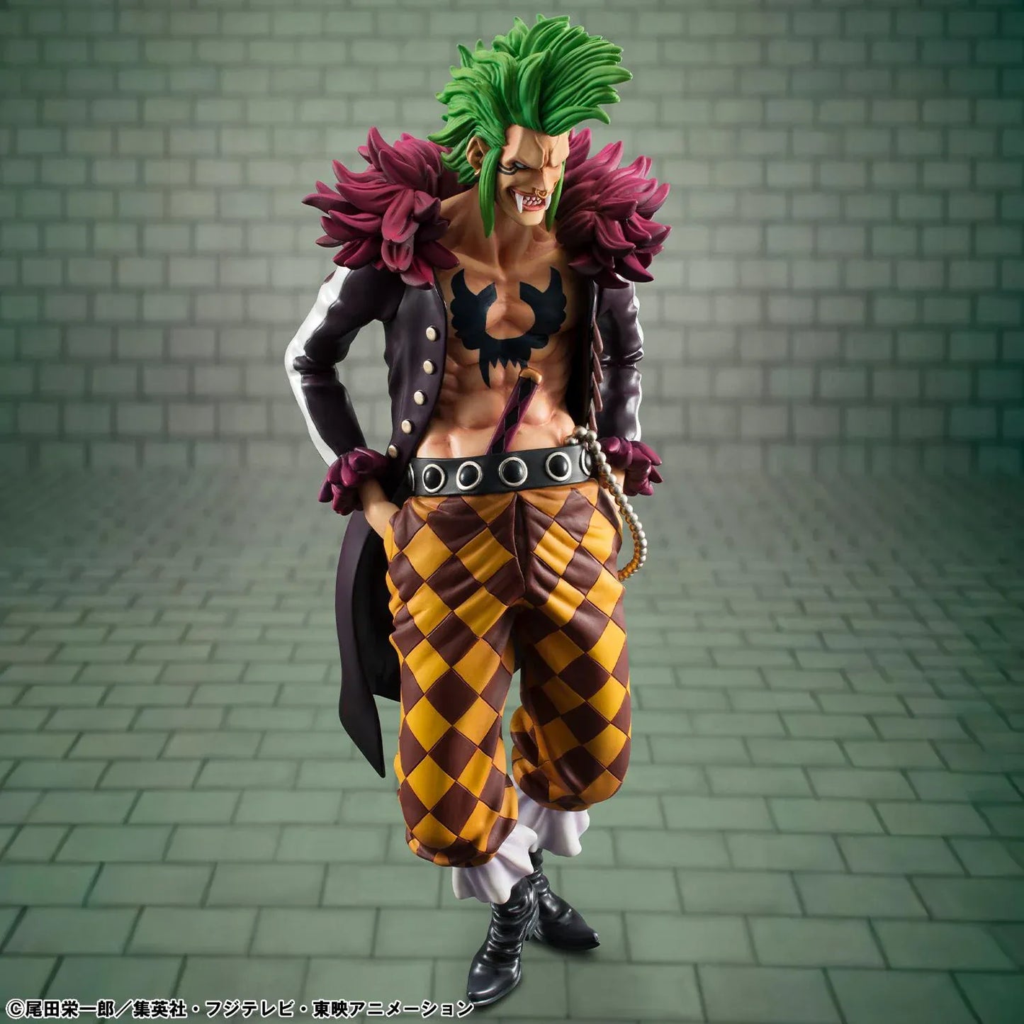 One Piece Portrait Of Pirates Limited Edition Bartolomeo the Cannibal figure with green hair, black coat, and checkered pants