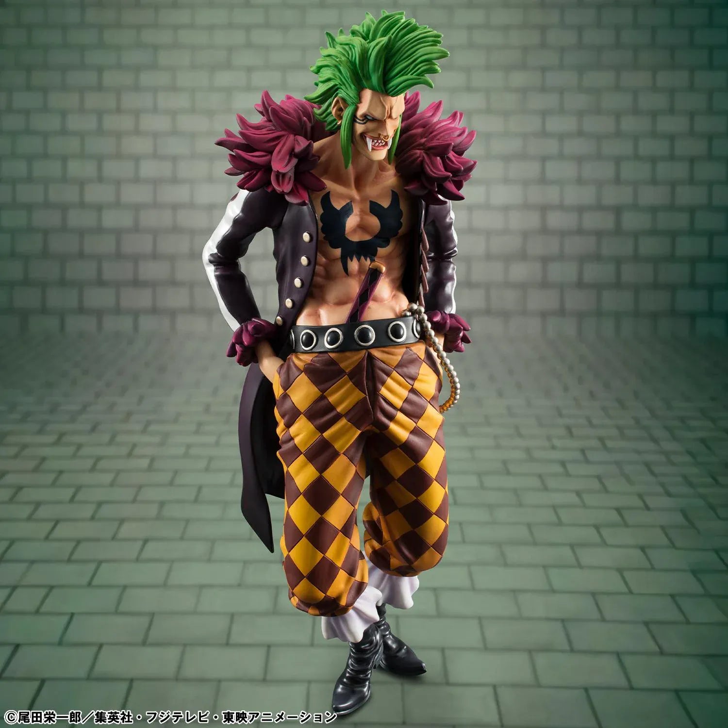 One Piece Portrait Of Pirates Limited Edition Bartolomeo the Cannibal figure with green hair, black coat, and checkered pants