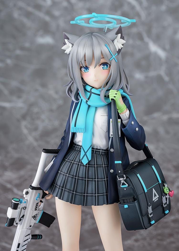 Blue Archive Shiroko 1/7 Scale Figure with silver-gray hair, wolf ears, blue halo, scarf, shoulder bag, and weapon accessory