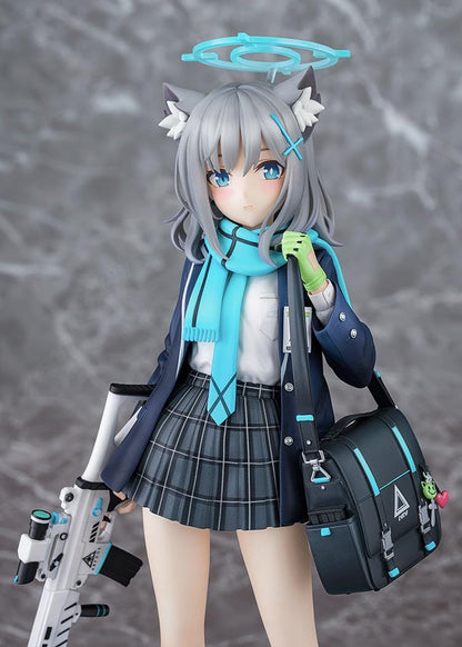 Blue Archive Shiroko 1/7 Scale Figure with silver-gray hair, wolf ears, blue halo, scarf, shoulder bag, and weapon accessory