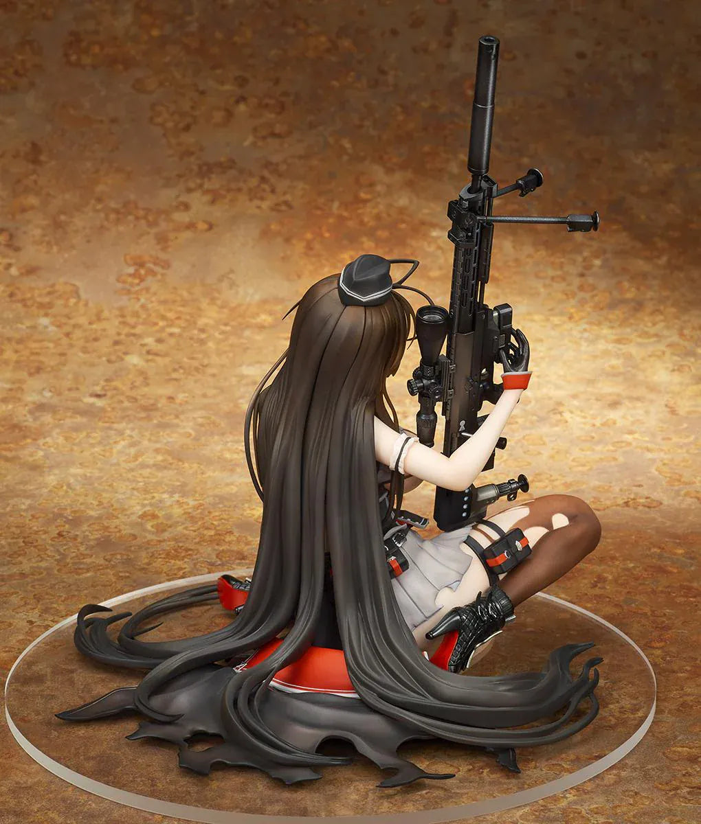 Girls' Frontline GD DSR-50 Heavy Damage 1/7 Scale Figure seated with long brown hair, tactical outfit, sniper rifle accessory, and clear display base