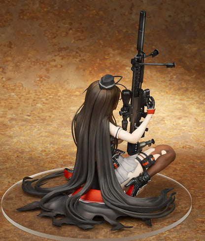 Girls' Frontline GD DSR-50 Heavy Damage 1/7 Scale Figure seated with long brown hair, tactical outfit, sniper rifle accessory, and clear display base