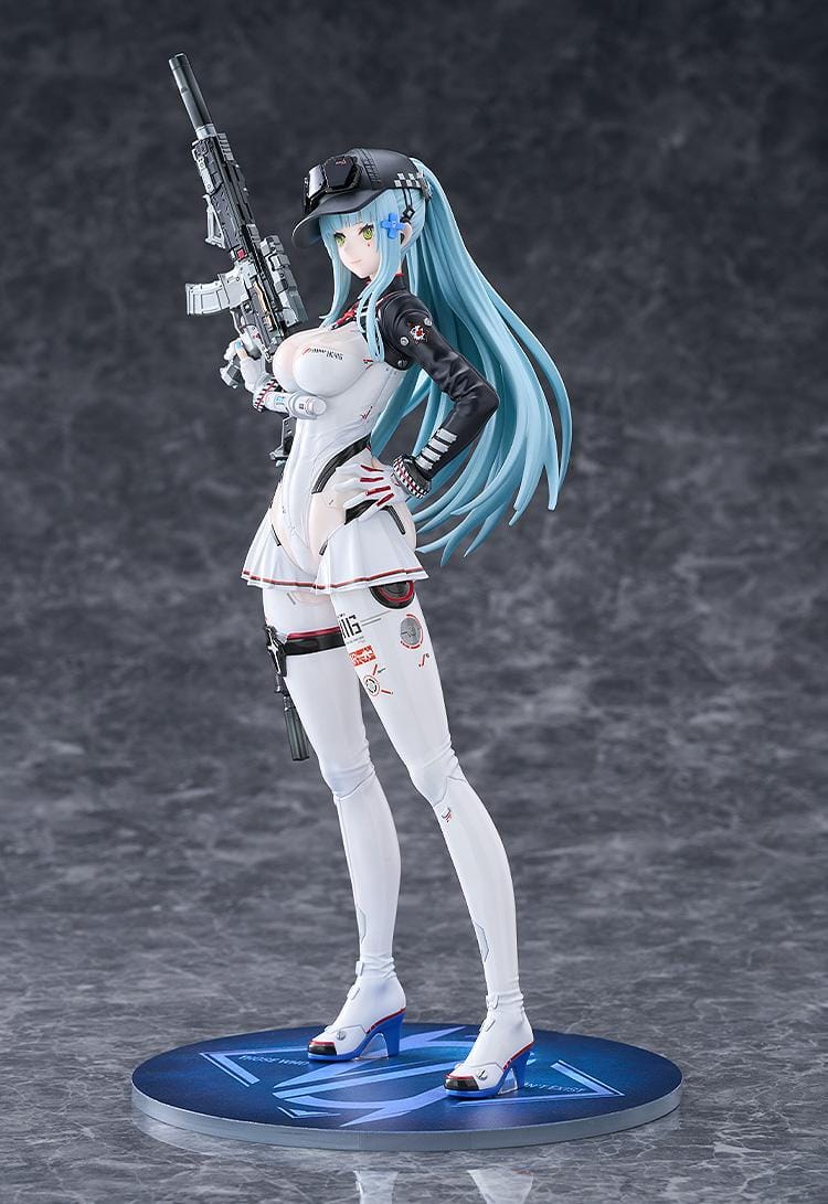 Girls' Frontline 2 Exilium Klukai Speed Star figure with light blue hair, a white and black outfit, cap, goggles, and rifle on a blue display base.