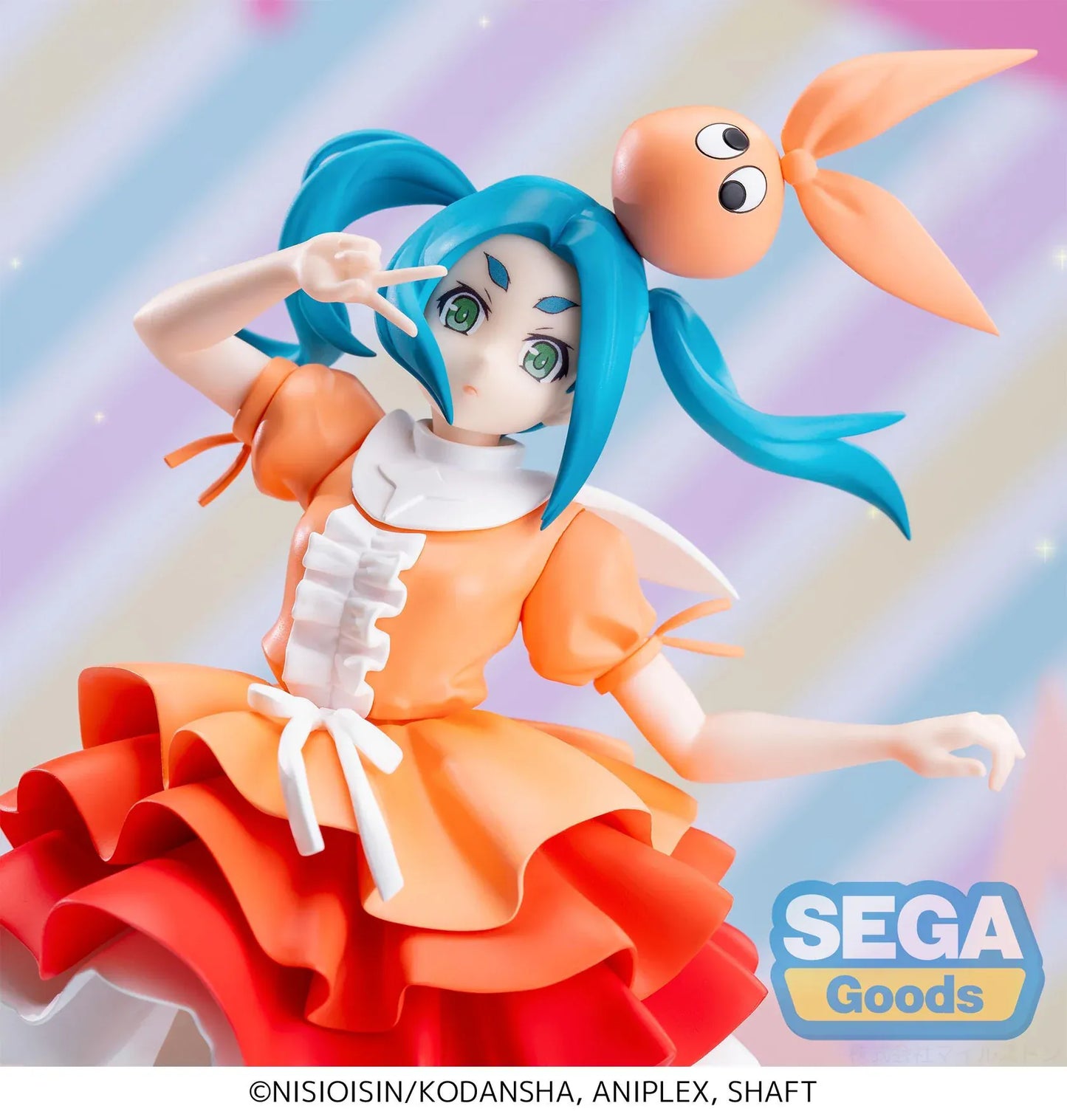 Monogatari XStellar Yotsugi Ononoki Figure with blue-green hair, orange and red outfit, and pink star display base