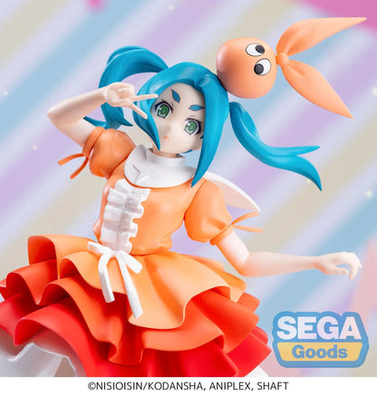 Monogatari XStellar Yotsugi Ononoki Figure with blue-green hair, orange and red outfit, and pink star display base