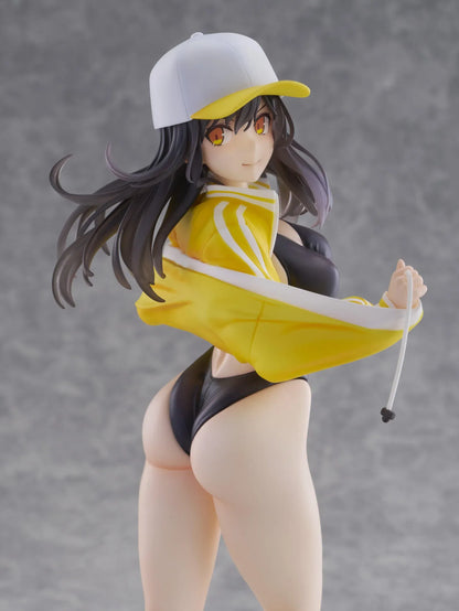 KoiKoi Sakura Kyou kara Suieibu Komon no Tama-chan Sensei 1/6 Scale Figure featuring a dark-haired anime woman with golden eyes wearing a black swimsuit, yellow athletic jacket, and white cap with a yellow brim, posing barefoot on a transparent circular base.