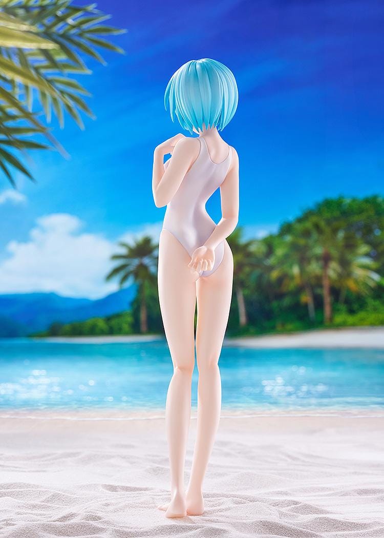 Rebuild of Evangelion POP UP PARADE BEACH QUEENS Rei Ayanami One-Piece Style L Size Figure featuring Rei with short blue hair, red eyes, and a white one-piece swimsuit.