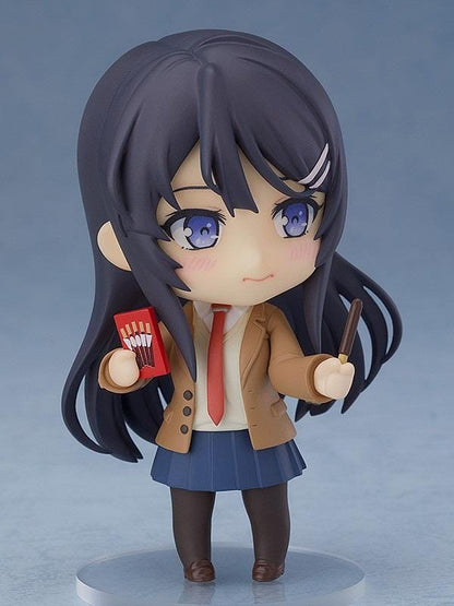 Rascal Does Not Dream of Bunny Girl Senpai Nendoroid Mai Sakurajima Figure (Rerelease) featuring a black-haired anime girl with blue eyes wearing a brown school blazer, red necktie, navy-blue pleated skirt, dark tights, and holding a black bunny ears accessory.