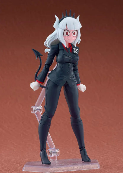 Helltaker figma Lucifer Figure with white hair, black horns, devil tail, black suit, and wine glass accessory