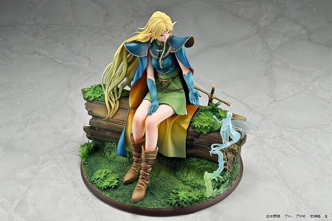 Record of Lodoss War Deedlit figure seated on a log in green clothing and blue armor, with flowing blonde hair, a winged companion, and a woodland base.