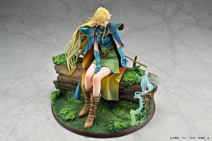 Record of Lodoss War Deedlit figure seated on a log in green clothing and blue armor, with flowing blonde hair, a winged companion, and a woodland base.