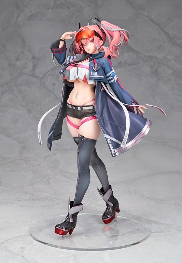 Azur Lane Bremerton 1/7 scale figure with pink twin tails, orange goggles, a navy coat, black shorts, and tall boots in a saluting pose.