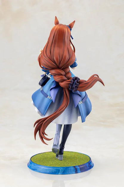 Uma Musume Pretty Derby Super Creek 1/7 Scale Figure featuring Super Creek in a blue-and-white outfit with red hair, horse ears, tail, and a cheerful pose on a themed base.